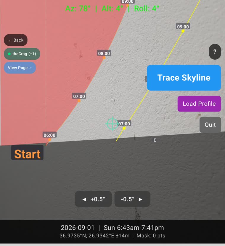 Camera view with sun arcs, Start marker and the Trace Skyline button
