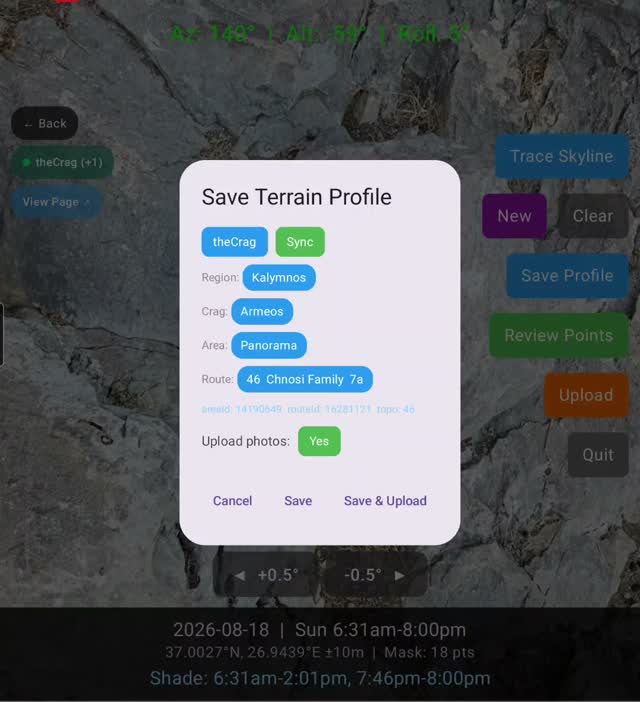 Save Terrain Profile dialog with region, crag and route pickers