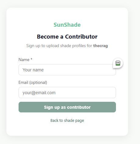 The Become a Contributor sign-up form on sunshade.info