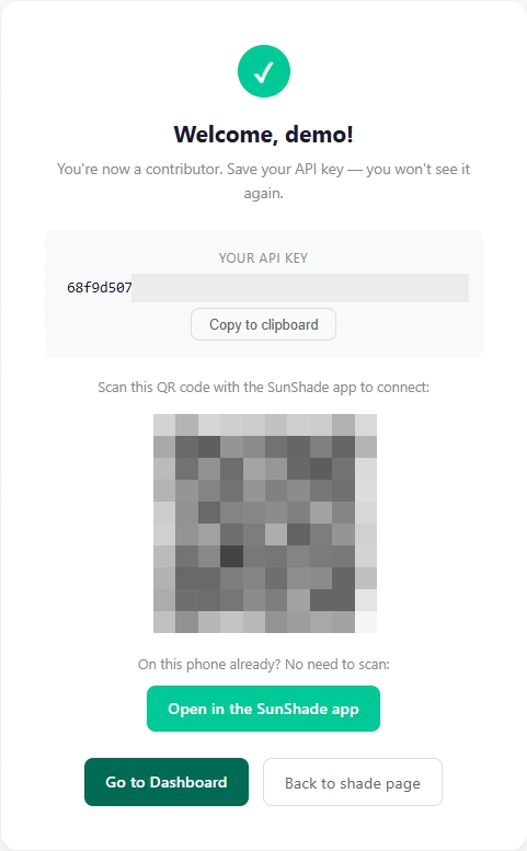 The sign-up success page showing the API key and connection QR, partly redacted
